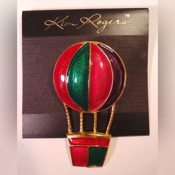 Kim Rogers Vintage Hot Air Balloon Gold Tone Brooch With Red, Purple, & Green. - Picture 11 of 11